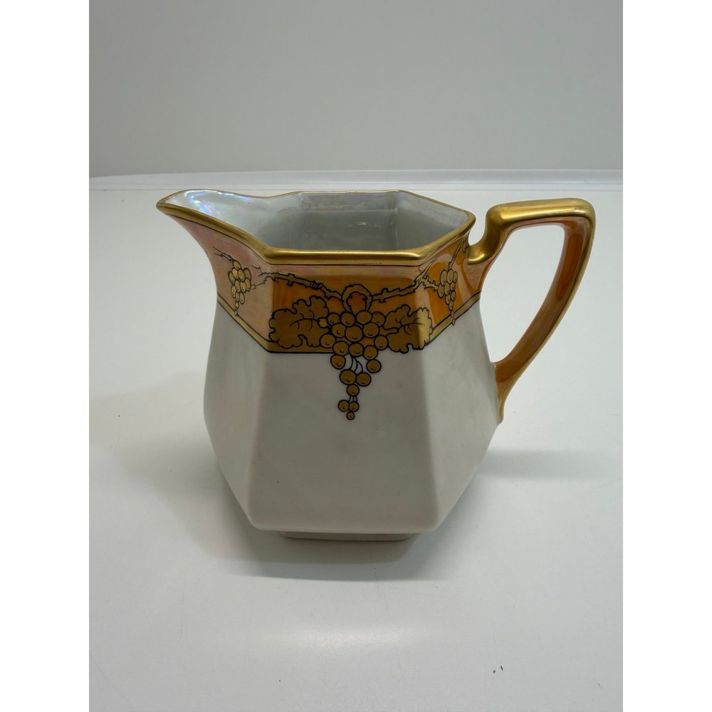 German Porcelain Orange & Gold Grape Design Pitcher (Signed "Helfrich")